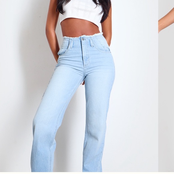 PrettyLittleThing Y2K High Rise Straight Leg Light Blue Jeans |Raw Hem| Size 4 - Picture 6 of 16